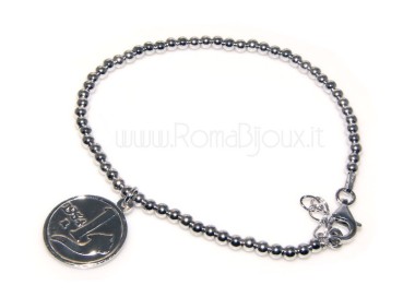 RMB|Bracciale a palline uomo o donna in Argento 925 con pendente una lira 1954 moneta