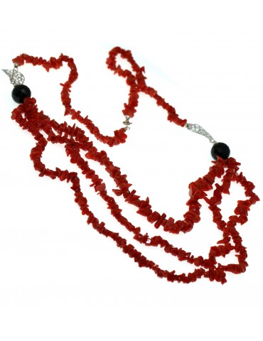 Collana argento 925 Corallo rosso verace e agata nera 3 fili donna
