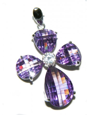 925 silver cross pendant, purple amethyst crystal with zircon