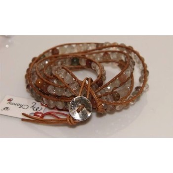 RMB|bracciale argento 925 quarzo naturale e cuoio hip hop marrone pietre