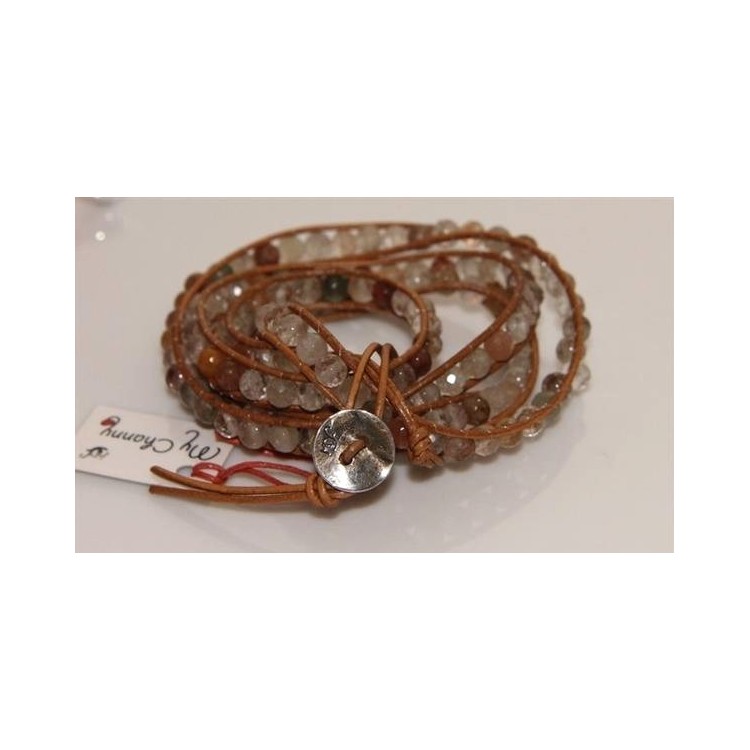 RMB|925 silver bracelet natural smoky quartz and brown hip hop leather stones