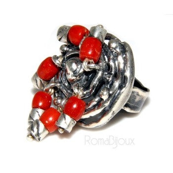 RMB|Argento 925 : Anello donna oblique  regolabile realizzato a mano con Corallo verace (Naturale )