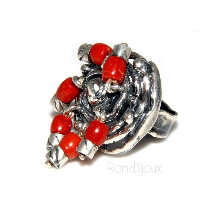 RMB|Argento 925 : Anello donna oblique  regolabile realizzato a mano con Corallo verace (Naturale )