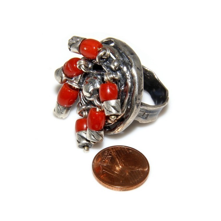 RMB|Argento 925 : Anello donna oblique  regolabile realizzato a mano con Corallo verace (Naturale )