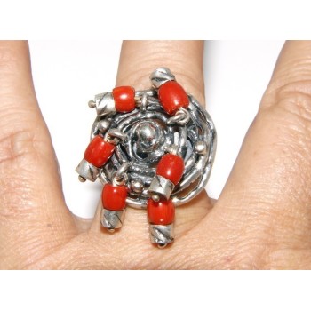 RMB|Argento 925 : Anello donna oblique  regolabile realizzato a mano con Corallo verace (Naturale )