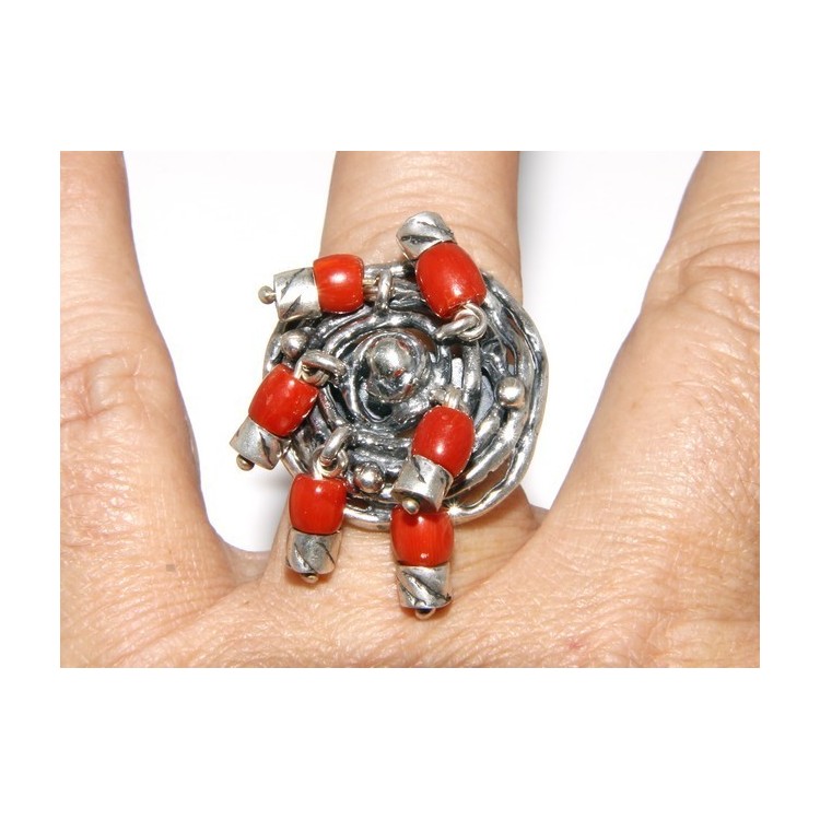 RMB|Argento 925 : Anello donna oblique  regolabile realizzato a mano con Corallo verace (Naturale )