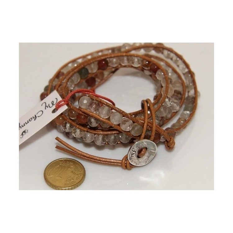 RMB|bracciale argento 925 quarzo naturale e cuoio hip hop marrone pietre