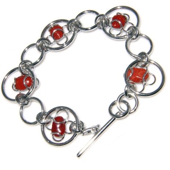RMB|Bracciale Argento 925 e Corallo verace naturale rosso cerchi e fiori