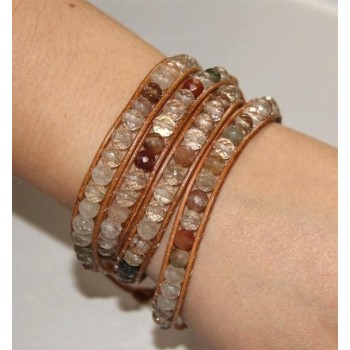 RMB|bracciale argento 925 quarzo naturale e cuoio hip hop marrone pietre