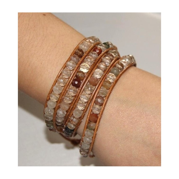 RMB|bracciale argento 925 quarzo naturale e cuoio hip hop marrone pietre
