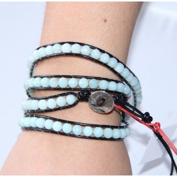 RMB|925 silver bracelet with natural aquamarine and black leather hip hop stones
