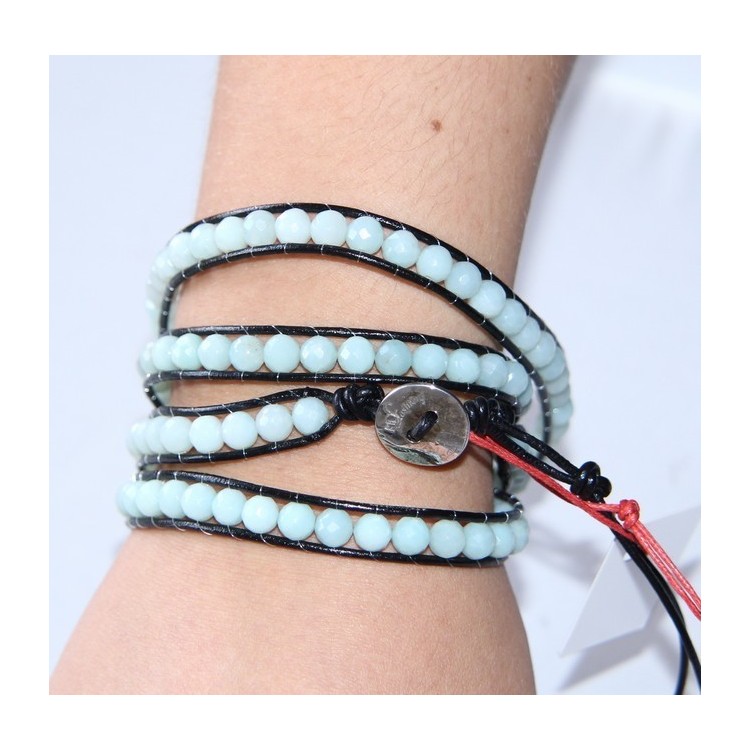 RMB|925 silver bracelet with natural aquamarine and black leather hip hop stones