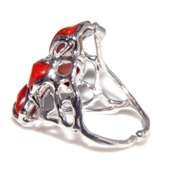 RMB|925: woman adjustable ring handmade with natural red coral star
