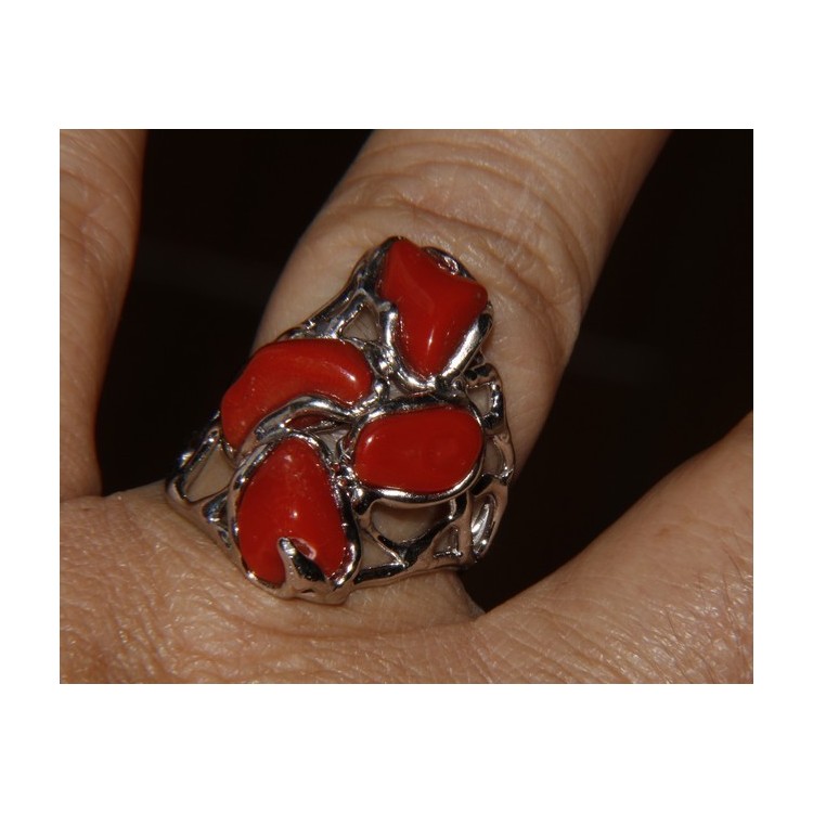 RMB|Argento 925 : Anello donna regolabile realizzato a mano con stella di corallo rosso naturale