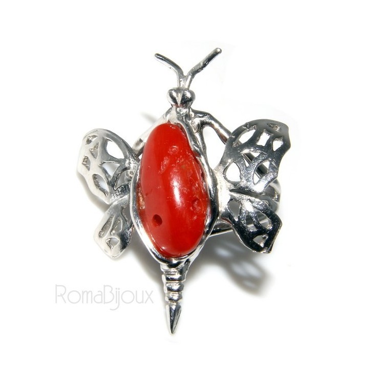 RMB|925: Ring woman butterfly handmade with natural red coral gemstone 17