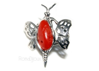 RMB|Argento 925 : Anello donna farfalla realizzato a mano con gemma di corallo rosso naturale 17