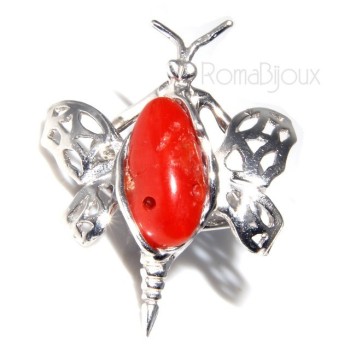 RMB|925: Ring woman butterfly handmade with natural red coral gemstone 17