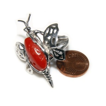 RMB|925: Ring woman butterfly handmade with natural red coral gemstone 17