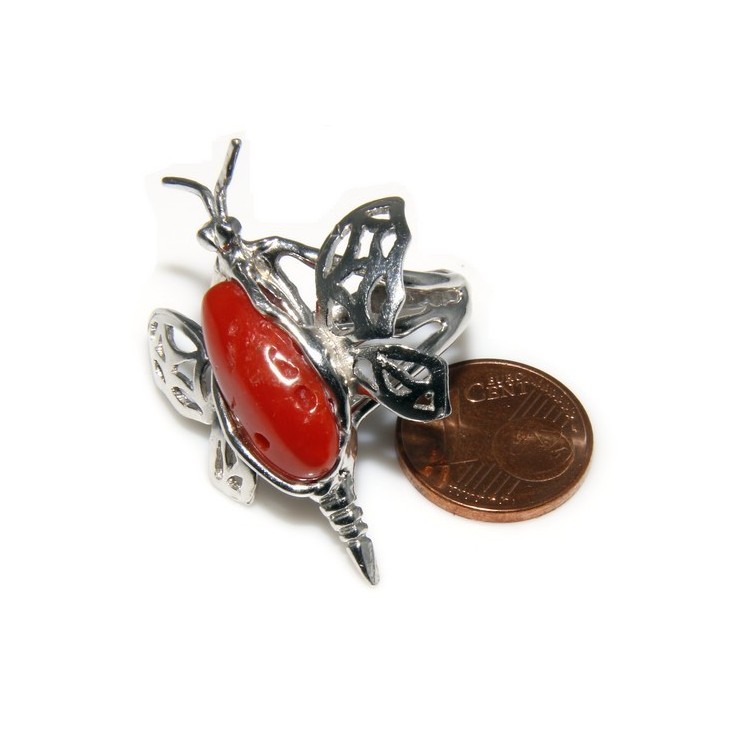 RMB|925: Ring woman butterfly handmade with natural red coral gemstone 17