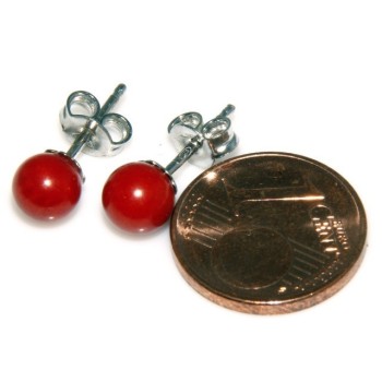 RMB|Earrings in 925 sterling silver pearl ball calibrated natural coral red