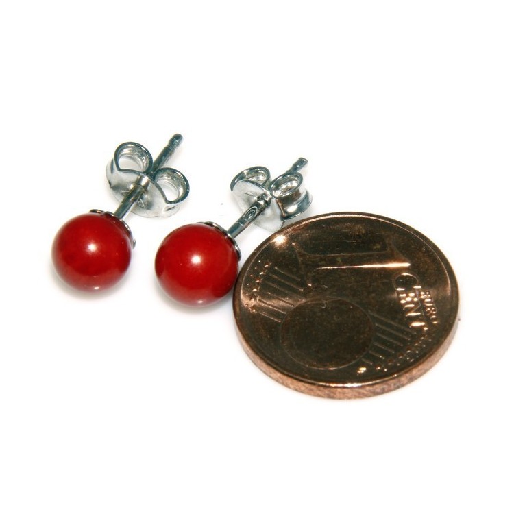 RMB|Earrings in 925 sterling silver pearl ball calibrated natural coral red