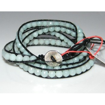 RMB|Argento 925 : Bracciale Uomo Donna HIP HOP semipreziosi acquamarina cuoio piu' giri