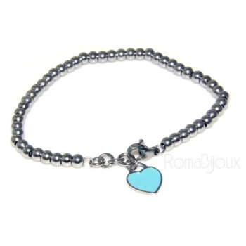 RMB|Acciaio donna anallergico cromato bracciale palline con cuore smaltato 17