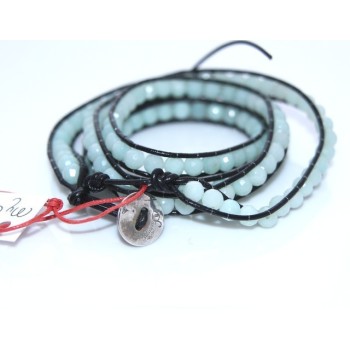 RMB|bracciale argento 925 acquamarina naturale e cuoio nero hip hop  pietre