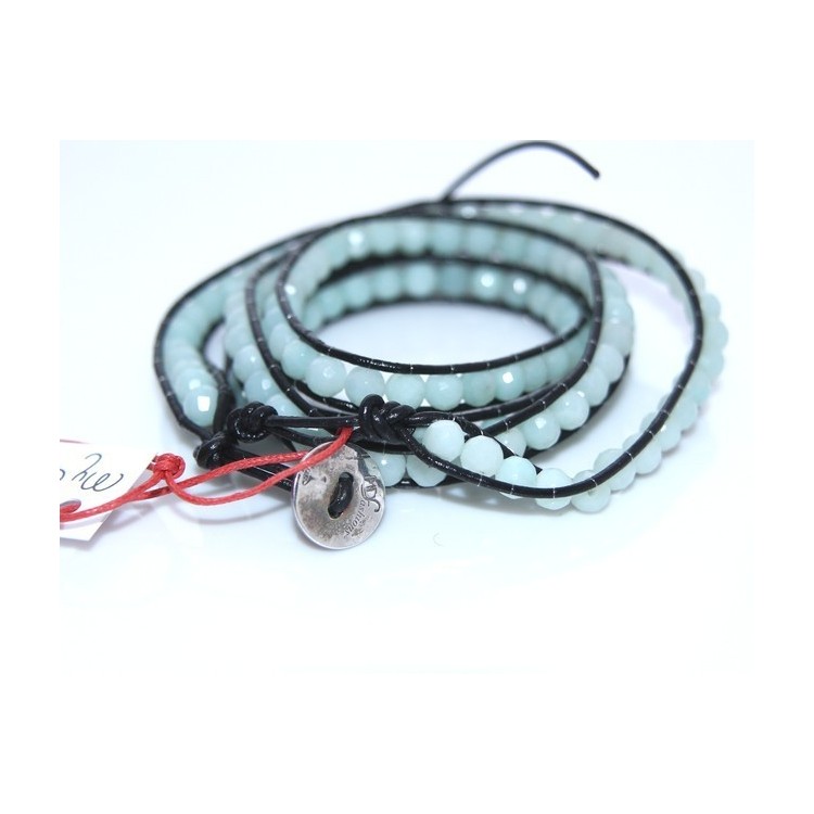 RMB|bracciale argento 925 acquamarina naturale e cuoio nero hip hop  pietre