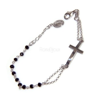 RMB|Bracciale rosario uomo donna in Argento 925 con immagine madonnina , croce convessa e cristallo nero . Mis 17,50
