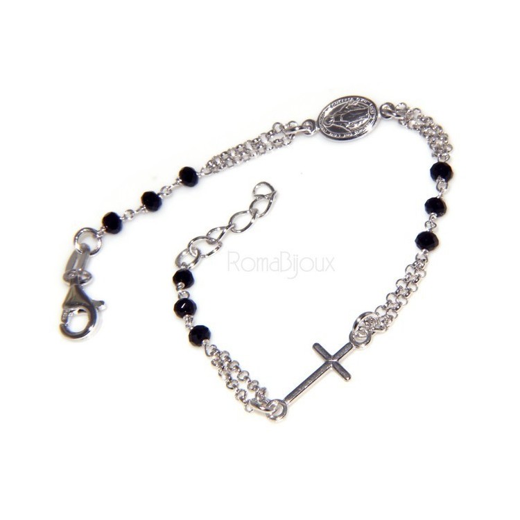 RMB|Bracciale rosario uomo in Argento 925 con immagine madonnina , croce convessa e cristallo nero . Mis 17,00 - 22,00