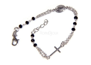 RMB|Bracciale rosario uomo in Argento 925 con immagine madonnina , croce convessa e cristallo nero . Mis 17,00 - 22,00