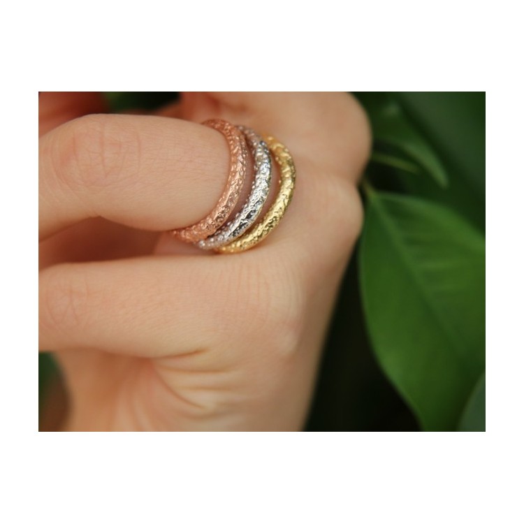 RMB|925 Italian: woman ring fusion 3 colors rhodium white gold yellow pink hammered + measures