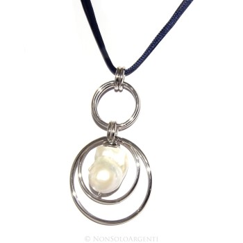 RMB|Ciondolo argento 925 cerchi con grande perla barocca scaramazza e collana donna