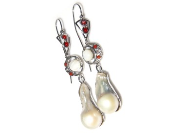 RMB|Earrings Silver 925 long mother of pearl red coral baroque pearls