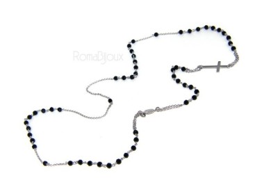 RMB|Collana Rosario uomo Argento 925 Con cristallo nero croce e madonna 66 cm
