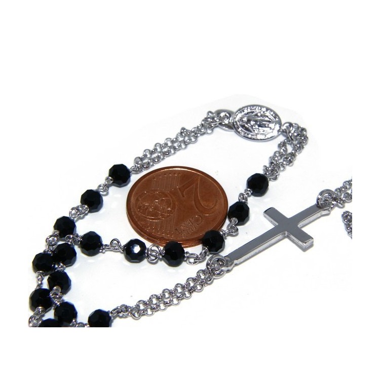RMB|Collana Rosario uomo Argento 925 Con cristallo nero croce e madonna 66 cm