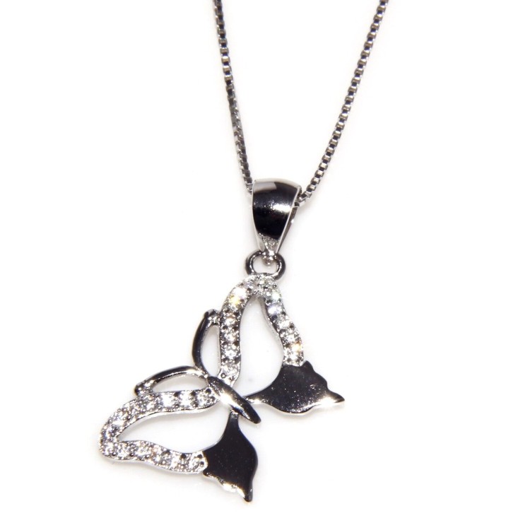 RMB|925 silver butterfly pendant necklace with white zircons collier