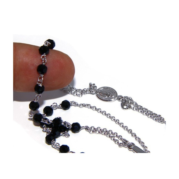 RMB|Collana Rosario uomo Argento 925 Con cristallo nero croce e madonna 66 cm