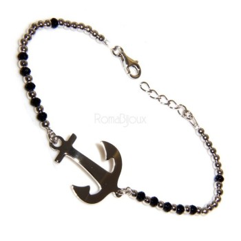 RMB|Bracciale rosario uomo in Argento 925 con immagine madonnina , croce convessa e cristallo nero . Mis 17,00 - 22,00