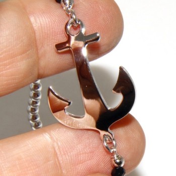 RMB|Bracciale rosario uomo in Argento 925 con immagine madonnina , croce convessa e cristallo nero . Mis 17,00 - 22,00