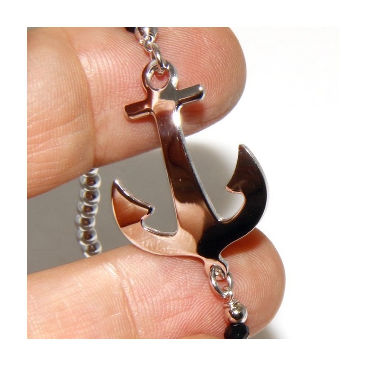 RMB|Bracciale rosario uomo in Argento 925 con immagine madonnina , croce convessa e cristallo nero . Mis 17,00 - 22,00