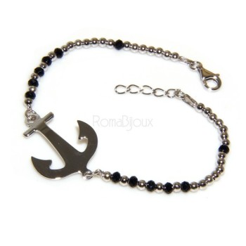 RMB|Bracciale rosario uomo in Argento 925 con immagine madonnina , croce convessa e cristallo nero . Mis 17,00 - 22,00