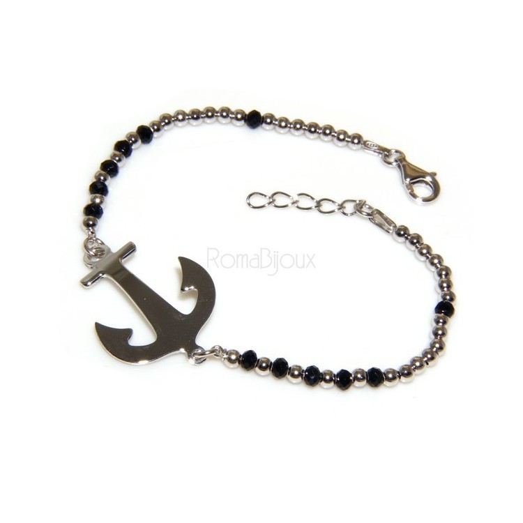 RMB|Bracciale rosario uomo in Argento 925 con immagine madonnina , croce convessa e cristallo nero . Mis 17,00 - 22,00