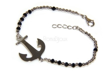 RMB|Bracciale rosario uomo in Argento 925 con immagine madonnina , croce convessa e cristallo nero . Mis 17,00 - 22,00