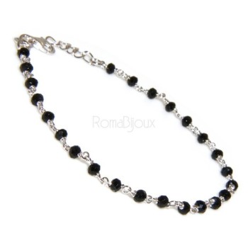 RMB|Bracciale rosario uomo in Argento 925 con immagine madonnina , croce convessa e cristallo nero . Mis 17,00 - 22,00