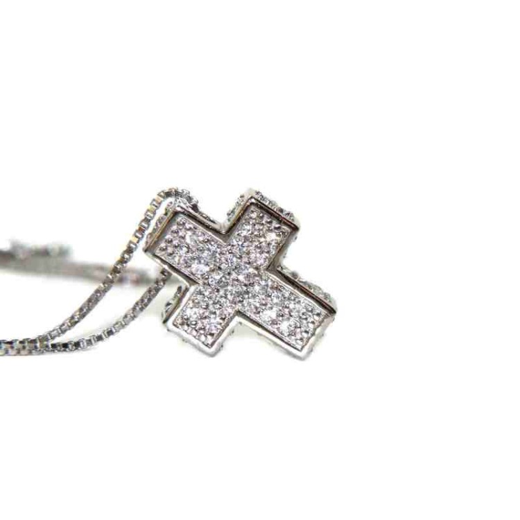 RMB|Collana Collier uomo donna argento 925 croce 3D a pavè di zirconi marca nalbori oro bianco