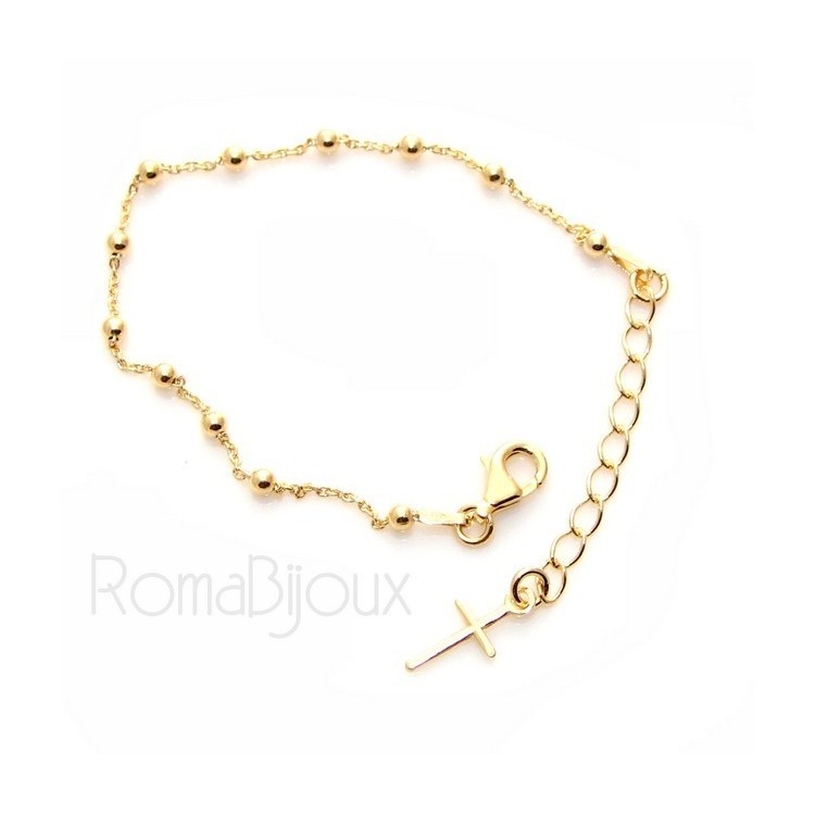 RMB|Bracciale rosario uomo o donna in Argento 925 croce liscia rod Oro bianco palline 4 mm mis 17