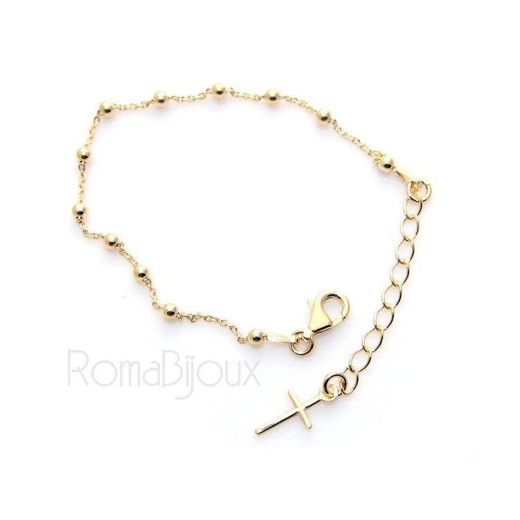 RMB|Bracciale rosario uomo o donna in Argento 925 croce liscia rod Oro bianco palline 4 mm mis 17
