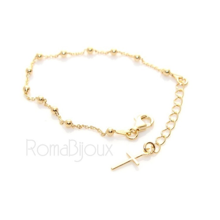 RMB|Bracciale rosario uomo o donna in Argento 925 croce liscia rod Oro bianco palline 4 mm mis 17